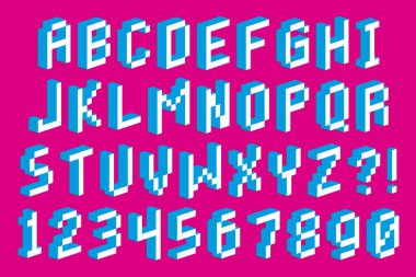 Piksel 3d yazı tipi alfabe ve numaralar izole