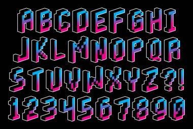 Piksel 3d yazı tipi alfabe ve numaralar izole