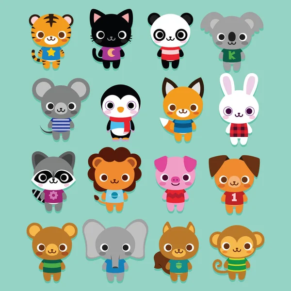 Conjunto de animales de dibujos animados lindos aislados — Vector de stock