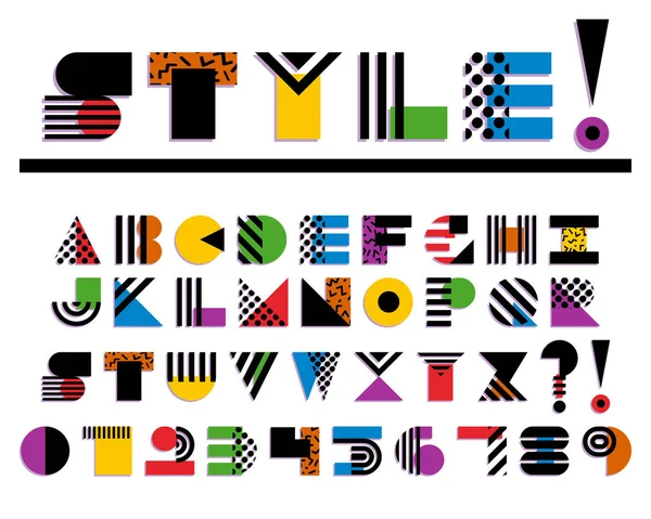 Γεωμετρική γραμματοσειρά πολύχρωμο απομονωμένη. δεκαετίας του 80 ύφος — Διανυσματικό Αρχείο