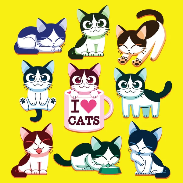 Conjunto de desenhos animados bonitos gatos isolados — Vetor de Stock