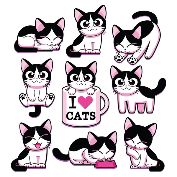 Set Of Cartoon Cute Cats terisolasi - Stok Vektor