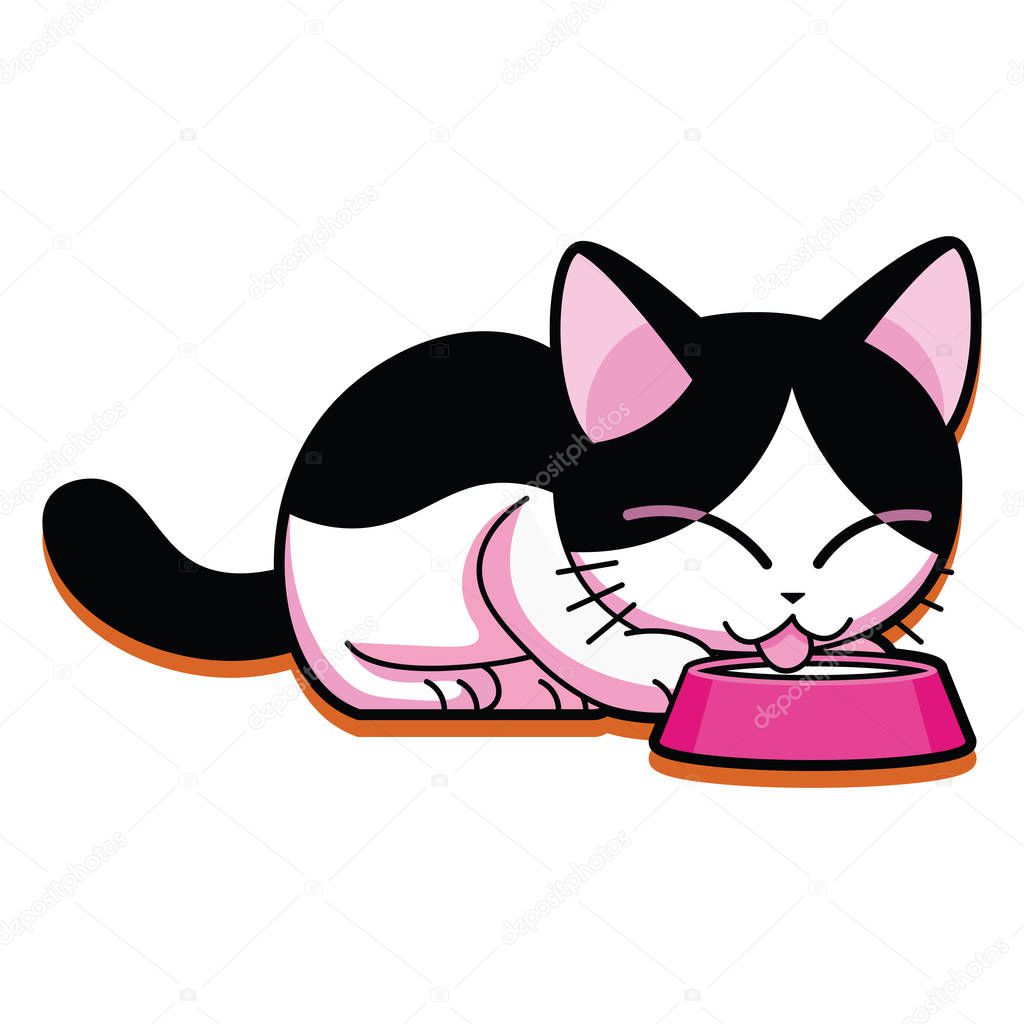 Vector Cartoon Cute Cat Eating Isolated On White Background