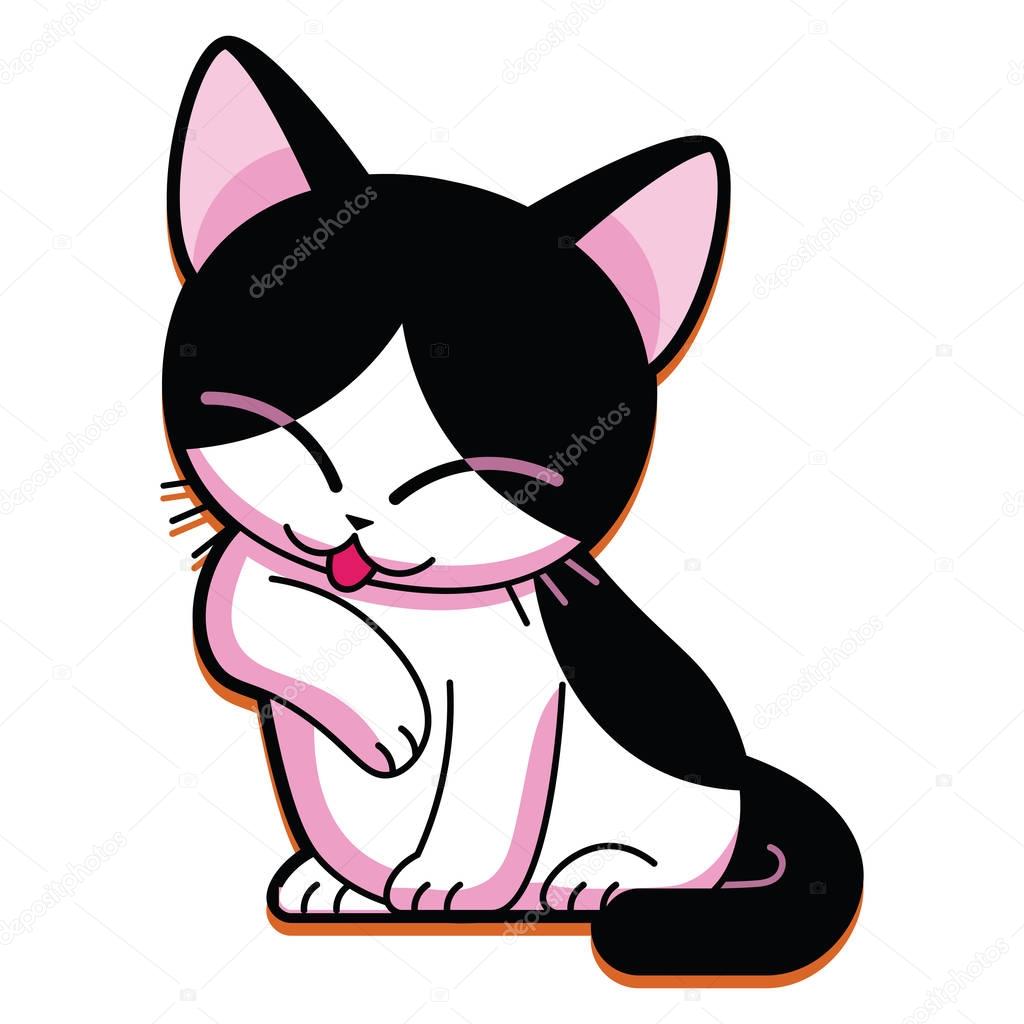 Vector Cartoon Cute Cat Cleaning hImself Isolated On White Background
