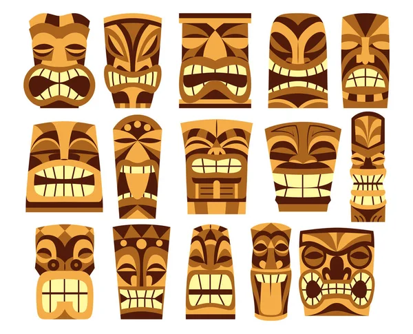 Conjunto de diferentes ídolos Tiki aislados sobre fondo blanco — Archivo Imágenes Vectoriales