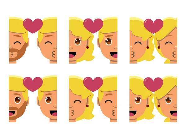 Schattig kawaii paar emojis kleurrijke geïsoleerd instellen — Stockvector