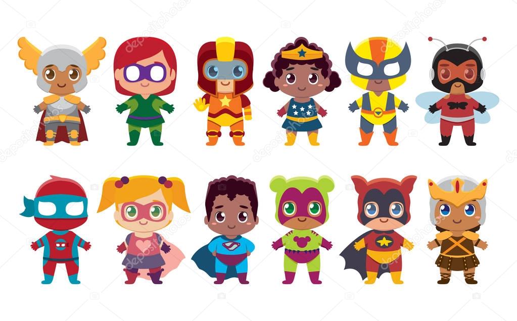 cute kawaii set superheros colorful isolated