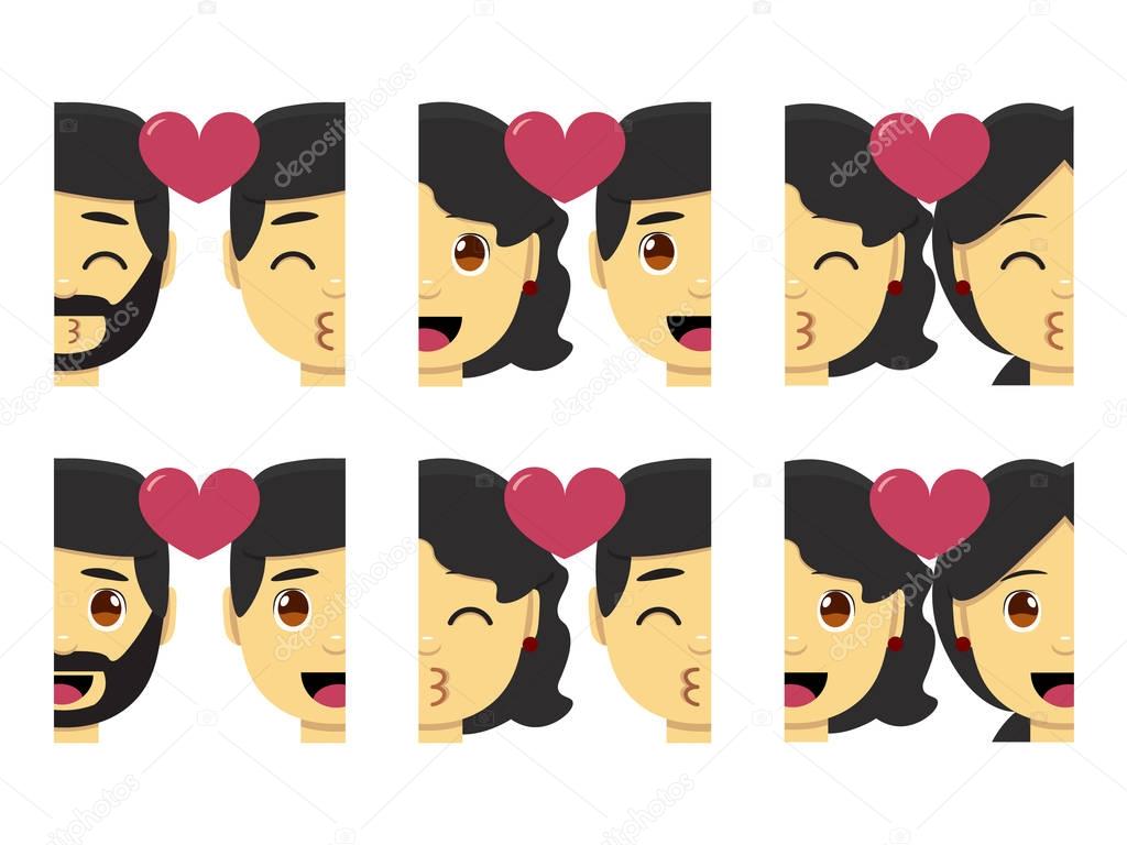 set cute kawaii couple emojis colorful isolated