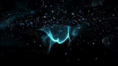 Dalga nesnesi ve parıldayan parçacıklarla gelecek video animasyonu, 4096x2304 döngü 4K