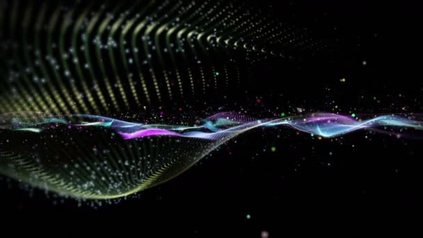 波のオブジェクトとスローモーションでキラキラ粒子と未来的なビデオアニメーション 4096X2304ループ — ストック動画