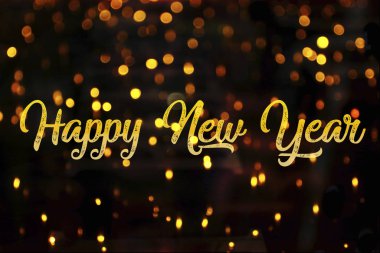 Altın ışıklı, siyah bir arka planda altın harflerle mutlu yıllar.