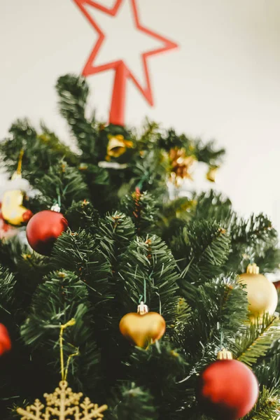 Büyük bir yıldızla süslenmiş Noel ağacı en yüksek yerinde duruyor.