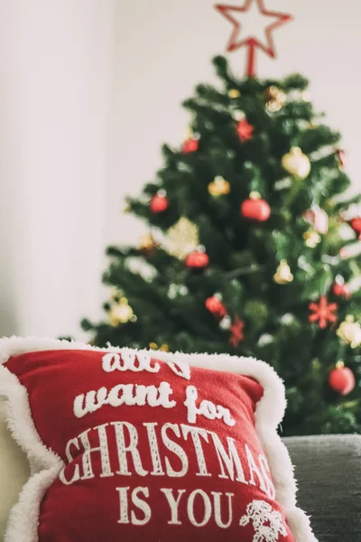Noel ağacının arkasındaki Noel yastığını evde süslemek için