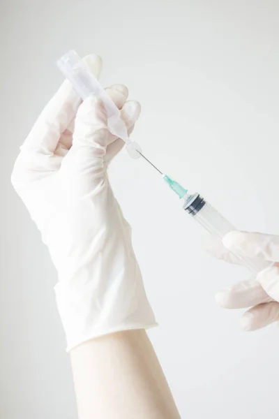 Hands Protected Medical Gloves Holding Syringe Needle While Preparing Withdraw — Stock Photo, Image