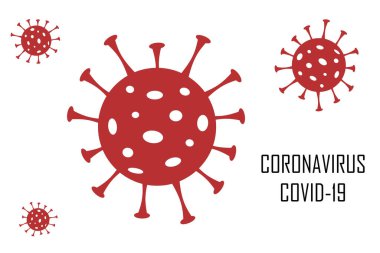 Kırmızılı ve şekilli bir virüsün tasarımı ve şekli ve beyaz arkaplanlı Covid-19, Coronavirus metni..