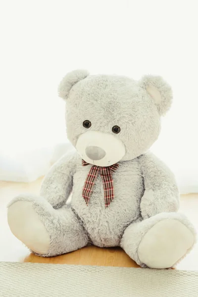 Großer Grauer Teddybär Sitzt Auf Dem Boden Beleuchtet Von Einem — Stockfoto