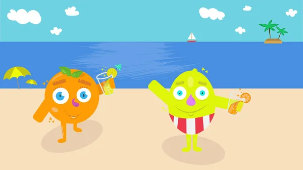 Cartoon of a lemon and an orange enjoying on the beach, with some refreshing drinks, concepts, summer, illustration