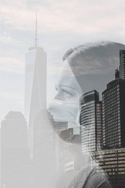 New York silueti üzerinde maske takan beyaz bir kadını iki kez görmüş. Coronavirus, covid19, kavramları