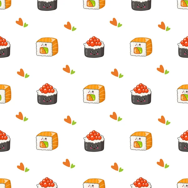 Kawaii sushi, bułki, sashimi - kompozycja lub zestaw na białym — Wektor stockowy