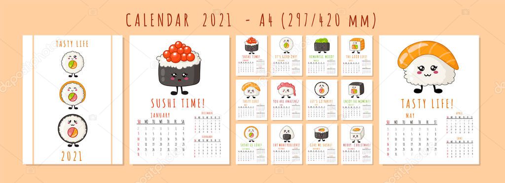 food calendar 2021 Kawaii Sushi Calendar Or Planner A4 Format For 2021 Sushi Rolls Sashimi Cute Cartoon Japanese Food Characters Cover And 12 Monthly Pages Week Starts On Sunday Vector Template Vector Template food calendar 2021