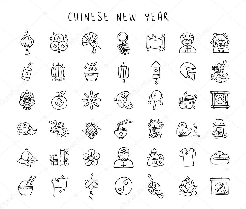 Chinese New Year line hand drawn icon set