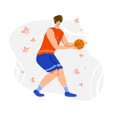 Oyun sahasında topu olan basketbolcu, formalı genç kaslı adam maç yapıyor, atlayan ve spor topu tutan adam, basketbolda oyuncu treni, düz insanlar - poster için izole edilmiş vektör,