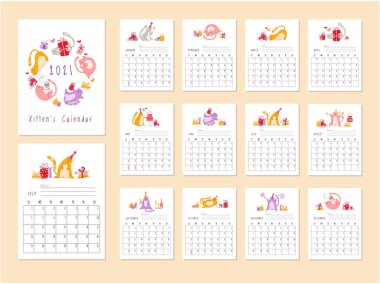 Kedilerin doğum günü takvimi 2021 - neşeli şapkalı komik kedi yavrusu, hediye kutuları ve hediyeler, doğum günü pastası ve içecekleri, büyük vektör planlayıcısı 12 aylık sayfa ve kapak, çizgi film düz karakterleri - şablon