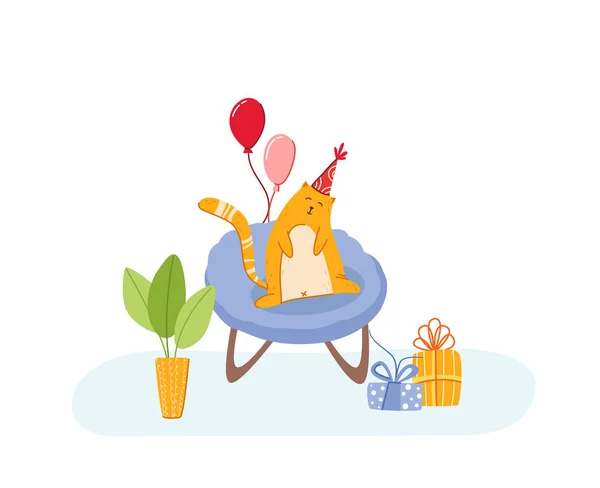 ペットの誕生日のコンセプト 休日の装飾と居心地の良い部屋でアームチェアのお祝いの帽子の赤い猫 ギフトボックス 子猫のための風船 家のインテリアに鉢植え ベクトル漫画のイラスト — ストックベクタ