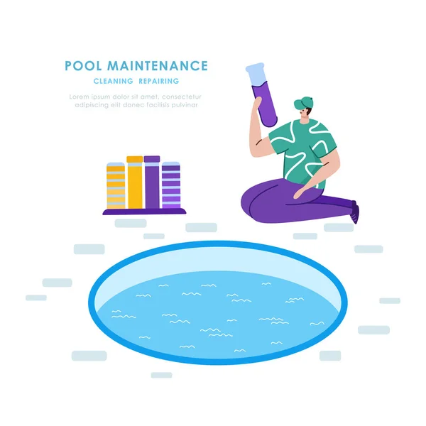 Swimmingpool Underhåll Eller Rengöring Ung Man Enhetlig Ren Pool Och — Stock vektor