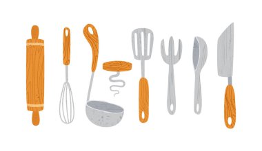 desenli düz mutfak gereçleri vektör kümesi