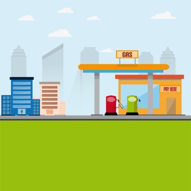 Benzin istasyonu ve gökdelenler ile şehir kavramı