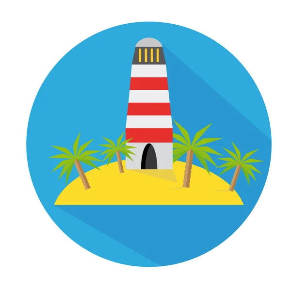 Flat Icon Lighthouse with Palm Tree and Island Long Shadow for Travel — стоковый вектор