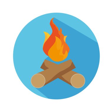 Yangın ve ahşap ile seyahat ve yürüyüş için uzun gölge düz simgesi