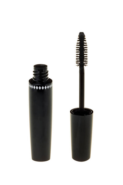 Black mascara container and brush isolated