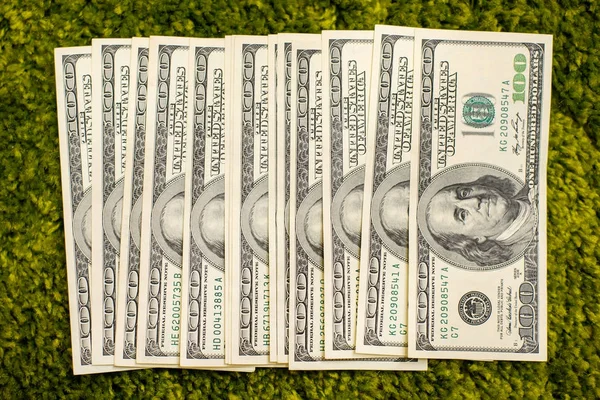 緑の草のカーペットの背景を置くことのドル札 — ストック写真