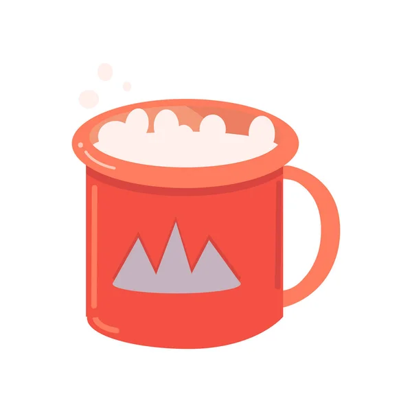 Кава з молоком у червоній чашці та горах на білому тлі. Векторна металева чашка для кемпінгу — стоковий вектор