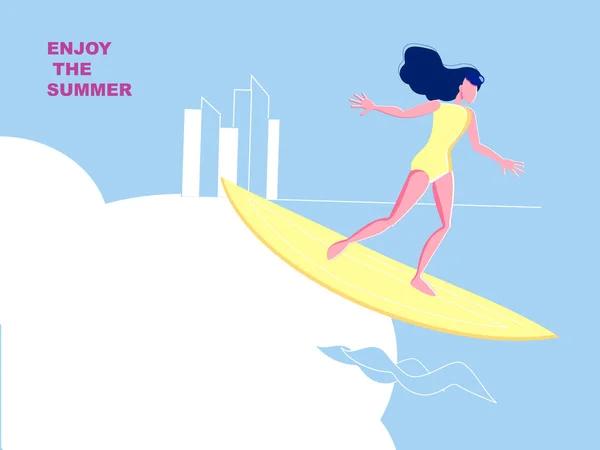 Summer Surfing School for People. Moderní web banner pro vaše webové stránky Surfing Sport, Žena na koni moře vlna na surf palubě s místem pro váš text.Website Landing Page, Webová stránka. Kreslený plochý vektor . — Stockový vektor