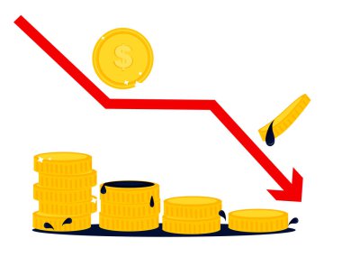 Petrol krizi. Yağ ve ok şeklinde para sikkeleri beyaz zemin üzerinde, düz stil, petrol kazası konsepti tasarımı, vektör çizimi. Petrol fiyatları krizleri. Vektör hisse senedi