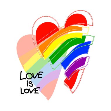 Aşk, kalbinde gökkuşağı olan bir aşk mektubudur. Homoseksüel ayrımcılığa karşı slogan. Gay geçit töreni sloganı. Vektör el çizimi çizim lgbt gökkuşağı bayrağı kalp ve aşk izole aşk harfleridir .
