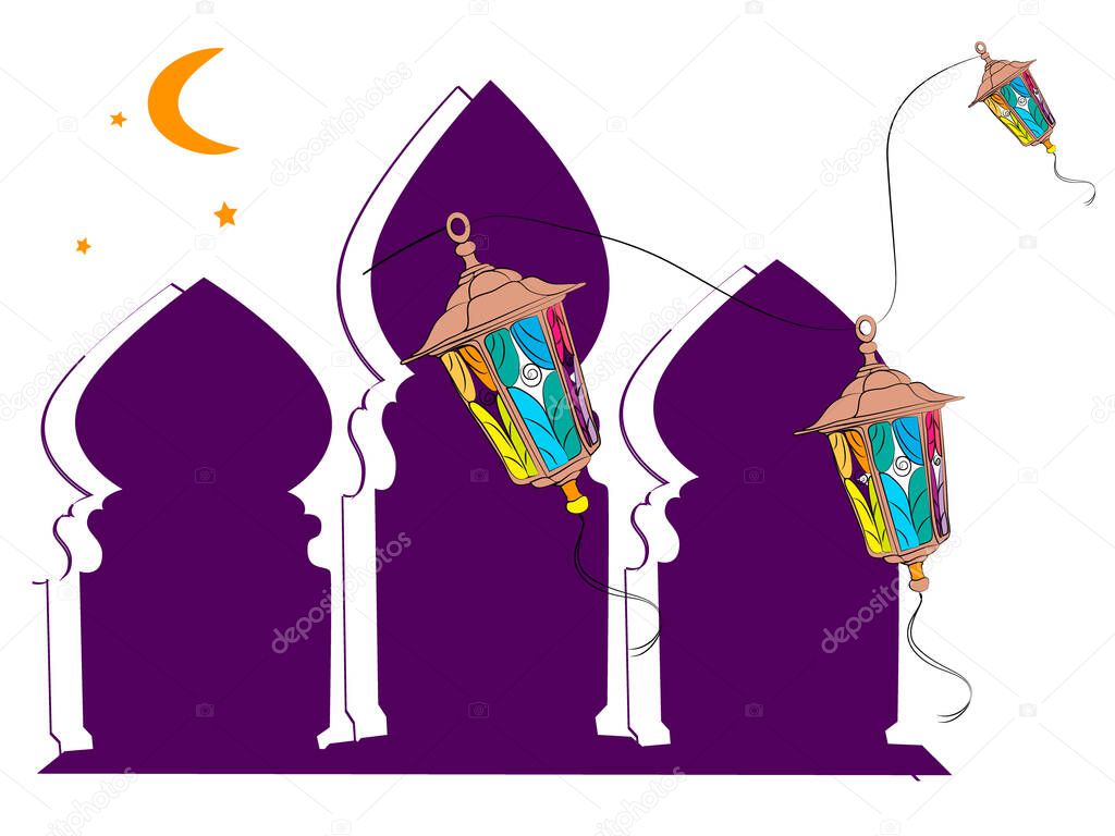Banner on religious muslim theme ramadan, lanterns and silhouettes of mosques hand-drawn in bright colors