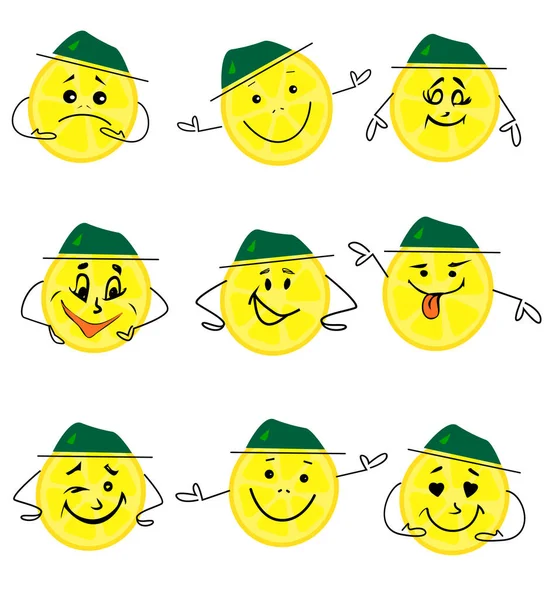 Limón rebanadas personajes divertidos. Frutas frescas emociones Vector mascota amarillo limón con cara feliz. Ilustración de fruta fresca de limón aislada en blanco . — Archivo Imágenes Vectoriales