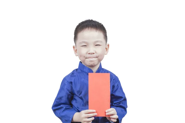 Niño Feliz Sosteniendo Sobre Rojo Para Año Nuevo Significa Tener — Foto de Stock