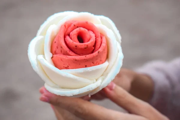 Female hands holding a cute pink and white rose shaped ice cream in Seoul South Korea