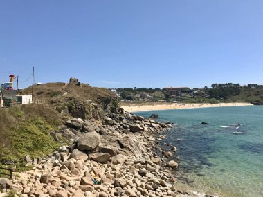 Sanxenxo, Pontevedra / İspanya - 26 Ağustos 2018: Sanxenxo 'daki Lanzada sahilinin görüntüsü