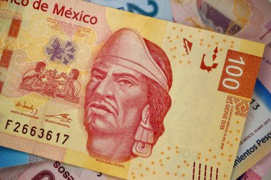 Meksika peso faturaları düz bir yüzeye rastgele yayıldı