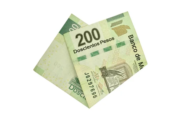 一张中间折叠的200枚墨西哥比索钞票 孤立在白色背景上 — 图库照片
