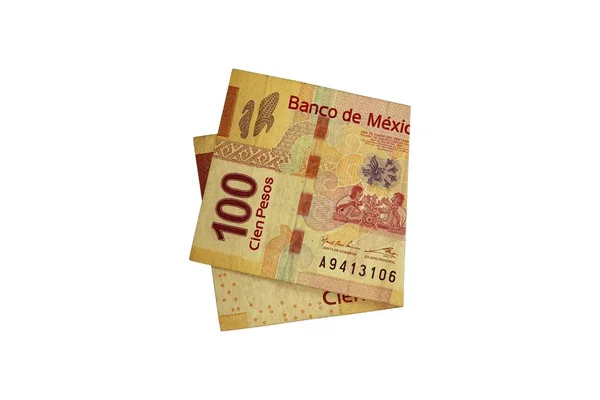 Single Middle Folded 100 Mexican Peso Bill Isolated White Background — Stock fotografie