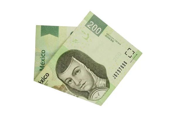 一张中间折叠的200枚墨西哥比索钞票 孤立在白色背景上 — 图库照片