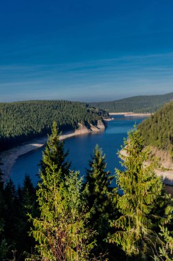Thüringen Ormanı 'ndaki dar su barajının etrafında sonbahar yürüyüşü - Tambach-Dietharz / Almanya