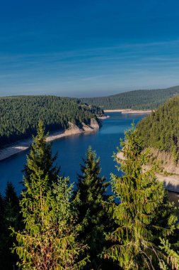 Thüringen Ormanı 'ndaki dar su barajının etrafında sonbahar yürüyüşü - Tambach-Dietharz / Almanya